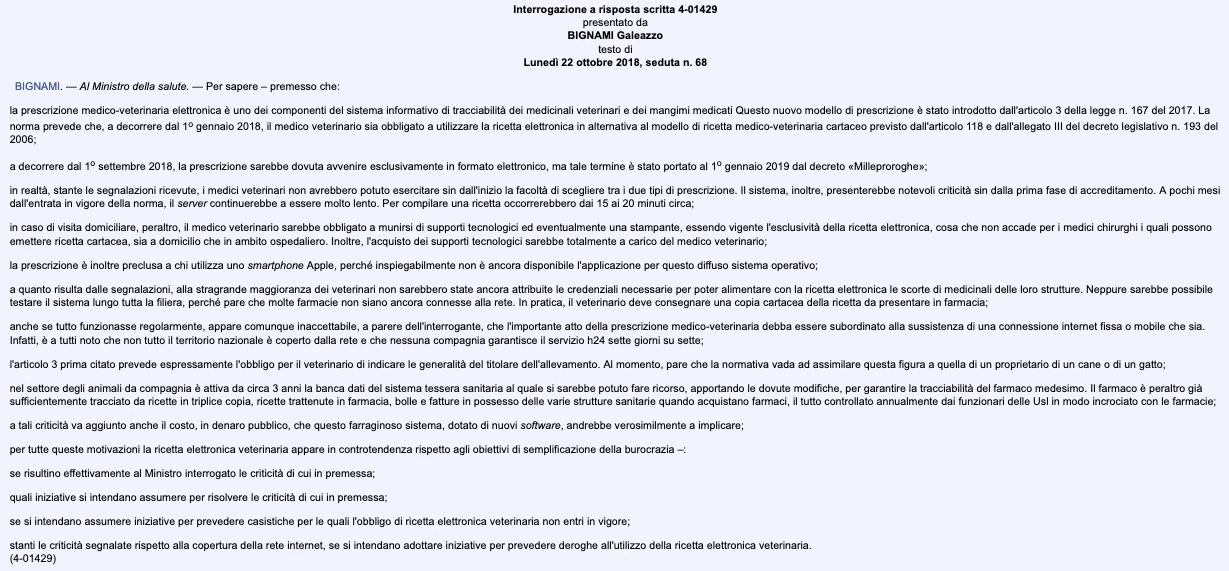Testo dell’interrogazione a risposta scritta 4-01429 presentata da Galeazzo Bignami al Ministro della salute il 22 ottobre 2018, sulle criticità della ricetta elettronica veterinaria.
