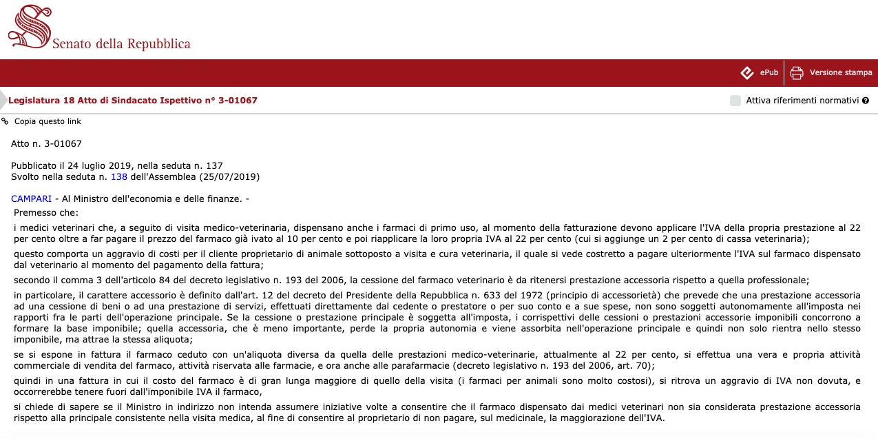 Schermata del sito del Senato della Repubblica: atto di sindacato ispettivo n. 3-01067 del senatore Campari al Ministro dell’economia e delle finanze, pubblicato il 24 luglio 2019, sull’IVA applicata dai medici veterinari ai farmaci dispensati durante la visita.