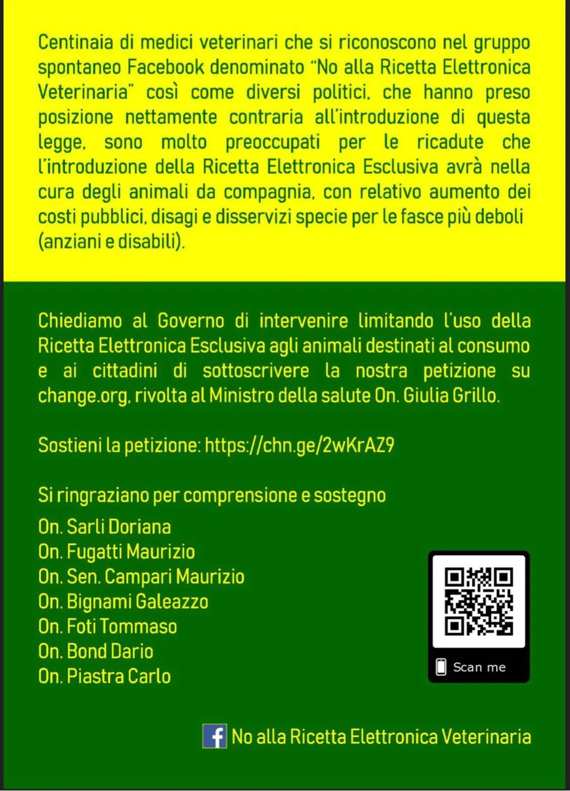 Volantino verde e giallo del gruppo «No alla Ricetta Elettronica Veterinaria» che chiede al Governo di limitare la ricetta elettronica agli animali destinati al consumo, con un codice QR e l’elenco dei parlamentari ringraziati.